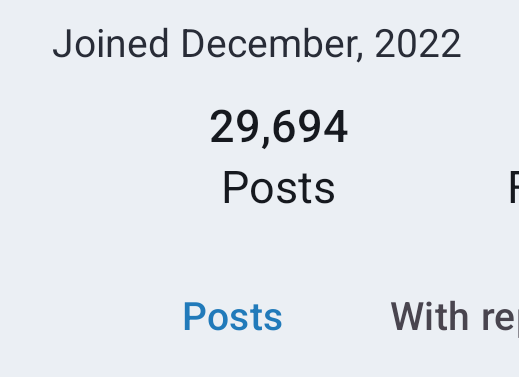 Screenshot of my post count since I joined Mastodon 3 years ago: 29,694 posts