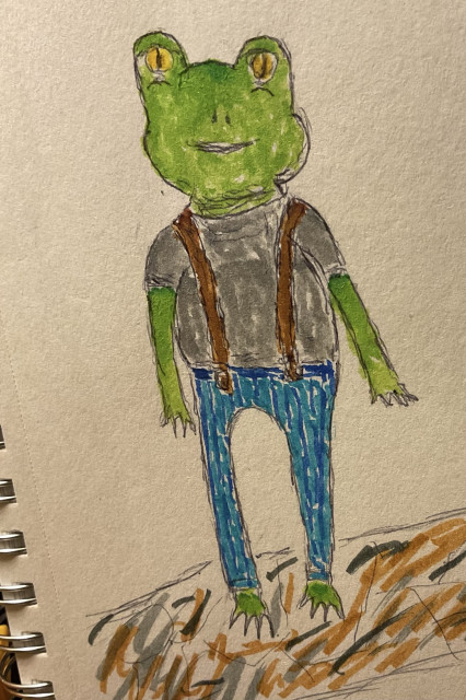 My drawing: a bipedal frog rendered in black ballpoint pen and colored with brush markers. Green froggy has yellow eyes, a gray t-shirt, and blue pants with upturned cuffs and brown suspenders. Webbed feet are unshod on a vague path streaked with brown and gray.