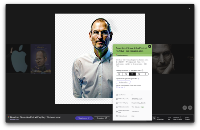 Digital portrait illustration of Steve Jobs with short graying hair and beard, wearing his signature round wire-rimmed glasses and a light blue collared shirt against a transparent checkered background. The image has been flagged as AI-generated content and is currently under review, as indicated by a notice in a panel.