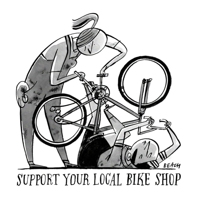 Drawing of a mechanic fixing a bike. The bike is upside-down, with the rider still attached, lying on the floor. Underneath, the hand-lettered caption reads 'Support your local bike shop'