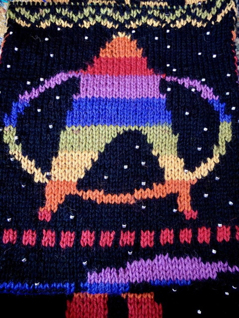 Knitted TNG logo. It’s in rainbow colour agains a black sky with silver bead stars. 