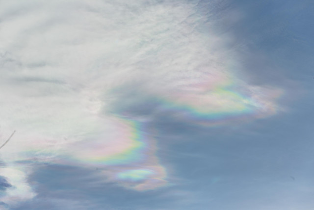 Thin clouds in a pale blue sky. The edges of the clouds shimmer in mother-of-pearl colors.