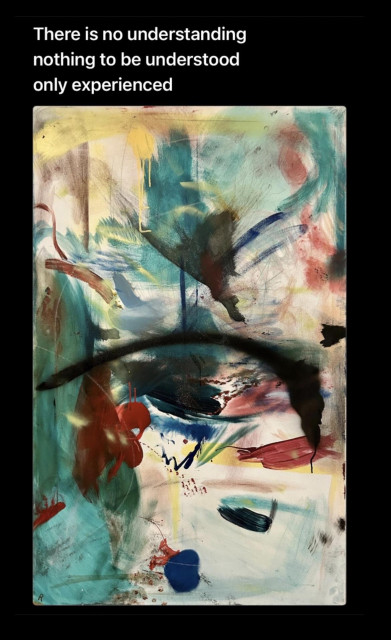 On a black background white text reads: There is no understanding nothing to be understood only experienced. Under the text is an abstract painting in many colors and shapes and materials. The painting title is Vitality. It's one that I even feel a little unsure of. It was once called Vitality (For Life) because that is the name of a vitamin mass produced by the Melaleuca company, a pyramid scheme that captured my mother, leaving us with large quantities of expensive unsold merchandise. I opened a vitamin capsule and smeared some of the powder inside in glue onto this canvas. Predominant colors are teal, dark red, white, yellow, and black spray paint possibly resembling a jumping stick figure. 