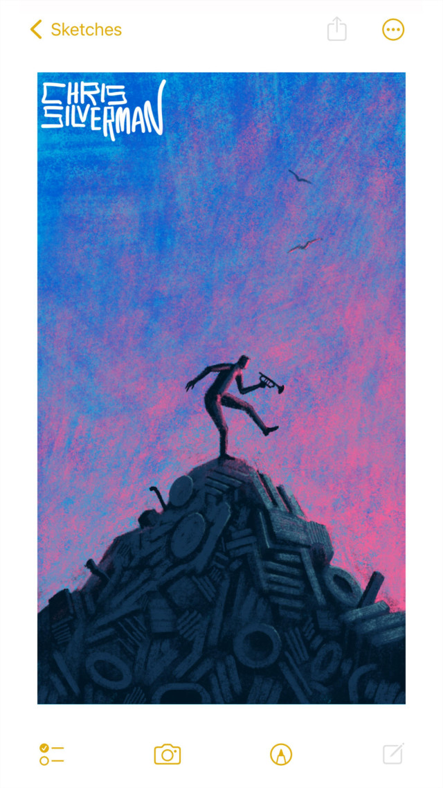A person dances on a giant gray mound of garbage, the sort of thing you'd see in a landfill: a colorless mountain of unidentifiable objects. The person is holding a trumpet. The sky is pink on the horizon and blue above. Two birds circle in the sky. The painting is signed "Chris Silverman".