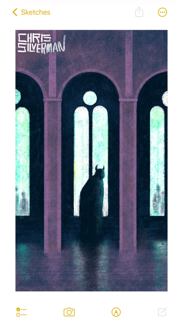 The interior of a church or cathedral: a hallway, tall arches, and tall windows with arched tops glowing white in a darkened area. The light from the windows reflects dully off the shiny floor. The walls and floor are the dull grayish-pink of stone in shadow. Dimly visible through the windows are the shapes of what looks like a crowd gathered outside. Inside, mostly silhouetted in the glare of the window and peering back, is a large, slightly hunched figure with horns. The painting is signed "Chris Silverman".