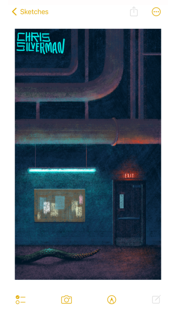 A dim hallway; something one would find in the basement of a huge building at night. A complex network of enormous dull-colored pipes stretches from one side of the scene to the other. Suspended below the pipes is a long white-green fluorescent light casting a pallid glare over everything. Below the light is a brown bulletin board with scraps of various pastel-colored papers attached to it. To the right of the board is a door with a glowing red "Exit" sign above it. The hallway itself has a colorless, possibly burgundy carpet—the kind of soulless decor one finds in underconsidered public spaces. Snaking along the floor, halfway out of the frame, is a creature. The only visible part of the creature is a long greenish tail with patches of symmetrically patterned red and blue dots that look bioluminescent. The painting is signed "Chris Silverman".