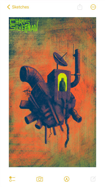 A bizarre, dark-colored chunk of something hangs in a dismal drab-green and orange vacuum. The something looks like a large fragment of a building or infrastructure; maybe several fragments combined. It has numerous pipes and beams sticking off it at odd angles. Part of it is a large boxy chunk that contains a glowing yellow-green arched window. A figure wearing a suit and tie stands in the window, looking out. Attached to the left side of the box is a tall smokestack. A dish antenna is on top of the box. The painting is signed "Chris Silverman".