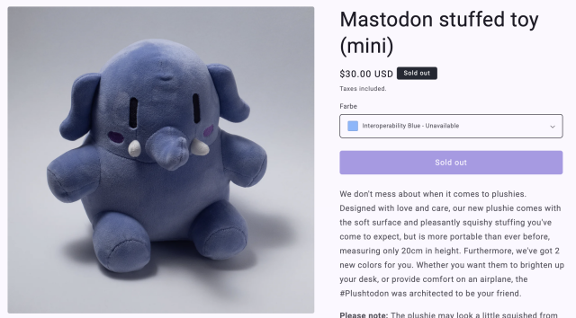 Screenshot of the product page, with a sold out mention