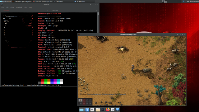 XFCE Desktop on FreeBSD 15.0-RC3 with a Terminal window and "fastfetch" open and a window running Factorio: SpaceAge. 