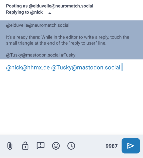 Screenshot of the "compose answer" window in Tusky, where I clicked on the triangle next to "replying to" and it shows the previous post on a dark great background, above my answer 