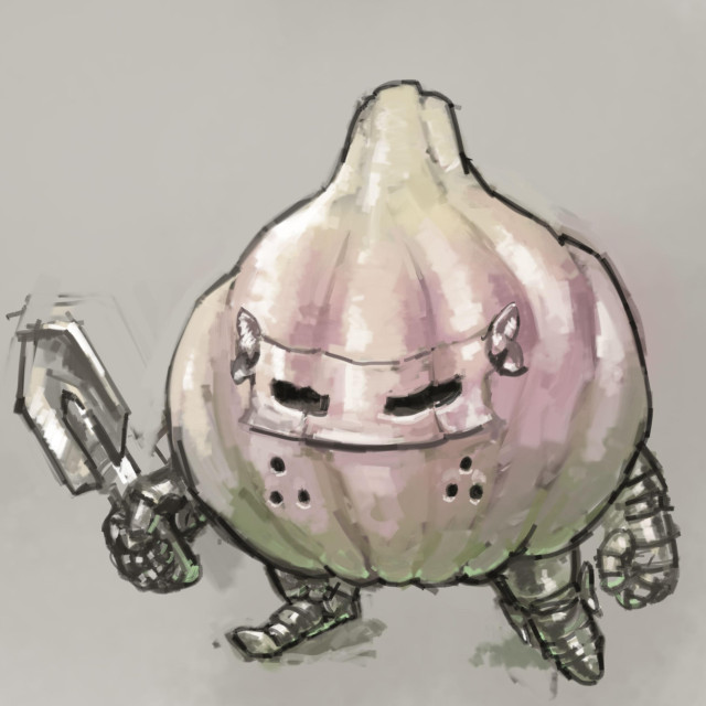 Digital painting of stylized garlic knight. A large bulb of garlic with small limbs holding a spade.