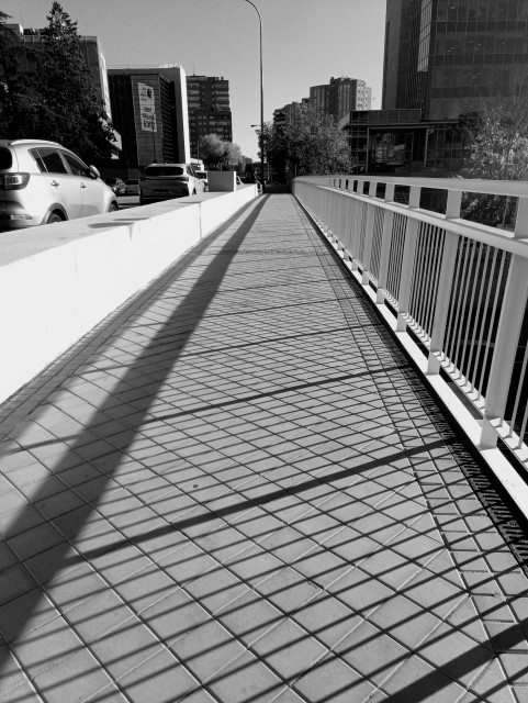 A walkway on a bridge with the lines of the railings on the right and the path with the tile lines intersecting with the shadow lines of the railings. In the background are passing cars and some office buildings.