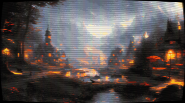 Pixel art of a beautiful small fantasy village with a river running through it. The image has a CRT filter applied.