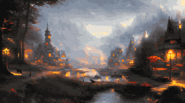 Pixel art of a beautiful small fantasy village with a river running through it.  
