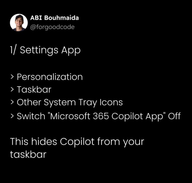 1/ Settings App

> Personalization
> Taskbar
> Other System Tray Icons
> Switch "Microsoft 365 Copilot App" Off

This hides Copilot from your taskbar
