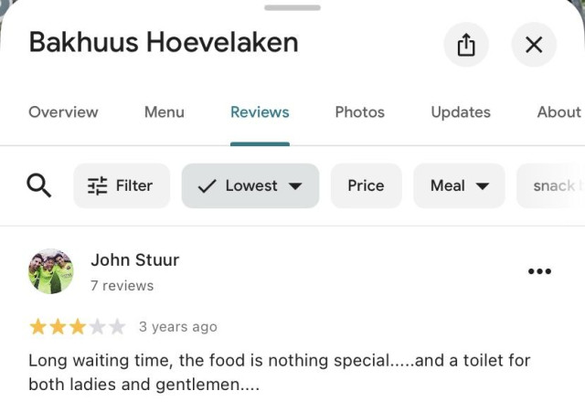 John. Complaining about the wait time, the food and the unisex toilet.