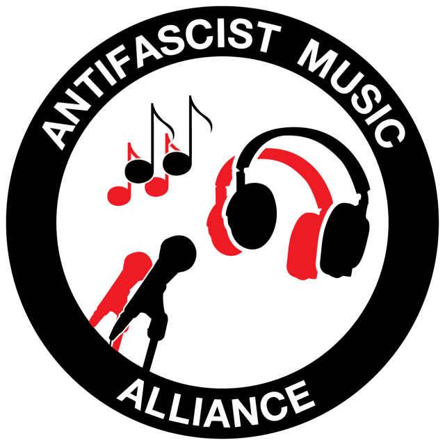 Circular logo for Antifascist Music Alliance, featuring musical notes, a microphone, and headphones in red and black, with text "Antifascist Music Alliance" encircling the image.