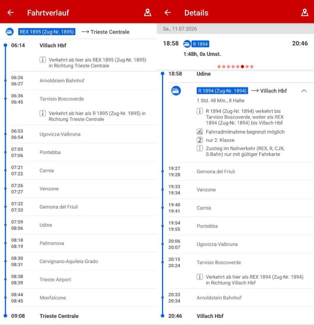 Screenshot aus ÖBB Scotty, der eine neue Frühverbindung von Villach ab 6:14 und eine Spätverbindung zurück mit Ankunft um 20:46 anzeigt.