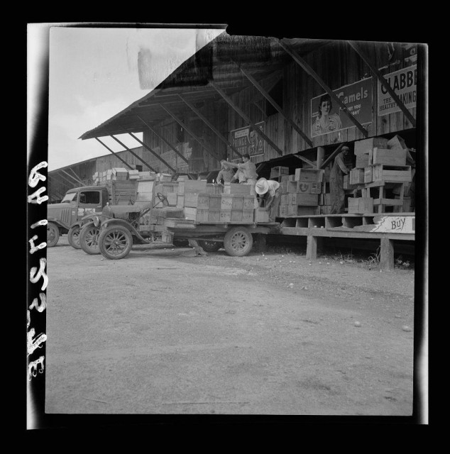 The image captures a black-and-white scene of what appears to be a historic packing shed used for the processing and shipment of goods, specifically tomatoes. A large truck is loaded with crates stacked on each other in an organized manner; some bear labels indicating brand names like "Camels" or product types such as oranges or peaches. Two individuals are present near the loading area: one sits atop a stack, donning a hat suggestive of outdoor work while handling boxes, and another stands by, possibly supervising or assisting with the task at hand.

The structure in which these activities occur is characterized by its sturdy wooden beams supporting an overhanging roof that offers partial shelter. The ground beneath shows signs of wear typical for such industrial sites - dirt patches alongside scattered items hinting at a busy working environment.

An additional layer to this image involves text overlays on the borders, with phrases like "ERG" and "BUY," which may have been part of original context or could be indicative of some form of advertisement. The overall composition speaks volumes about an era focused around manual labor in industrial settings, possibly during a time when such packing sheds were critical to agricultural commerce.

This photograph is identified as being taken at Hazelhurst, Mississippi according to the provided link and reference on images.loener.nl which details this historical snapshot from Do [...]
