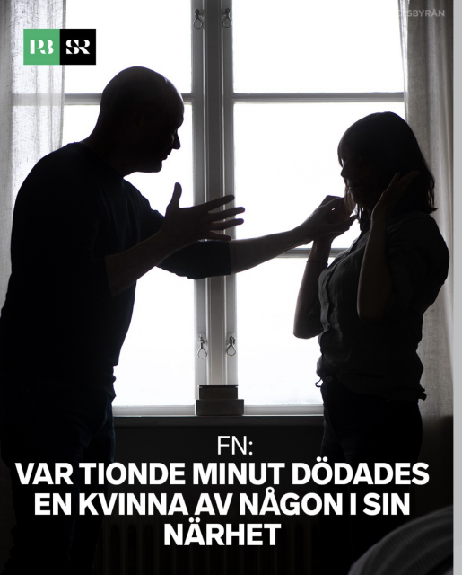 FN: VAR TIONDE MINUT DÖDADES EN KVINNA AV NÅGON I SIN NÄRHET. Skuggbild i bakgrunden med en man som slår en kvinna. 
