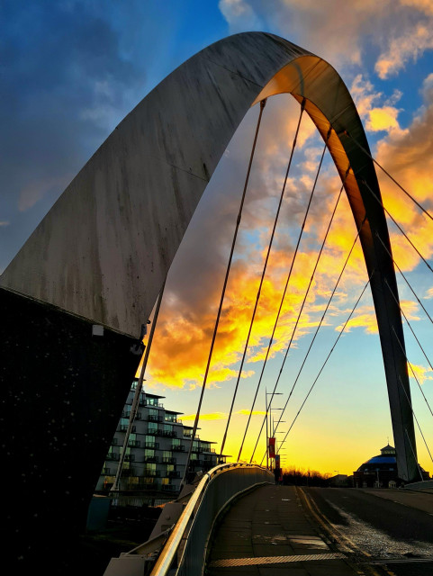 A sunset behind the Squinty Bridge in Glasgow.