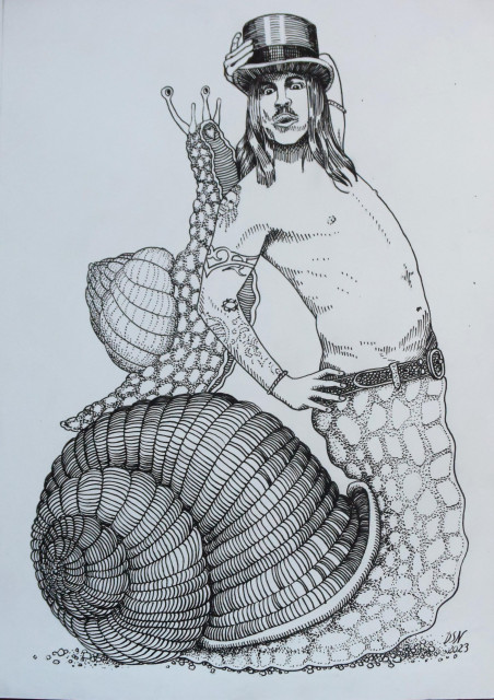 Anthony Kiedis of the band Red Hot Chilli Peppers, dressed only in a top hat and leather belt, grows out of a large snail shell. On top of the snail shell sits a snail that adores him by presenting its heart-shaped radula. The motif alludes to the album "Californication". Here it is a "Snailification".