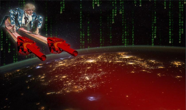 The Earth seen from space. Hovering above it is Uncle Sam, with Trump's hair - his legs are stuck out before him, and they terminate in ray-guns that are shooting red rays over the Earth. The starry sky is punctuated by 'code waterfall' effects, as seen in the credit sequences of the Wachowskis' 'Matrix' movies.