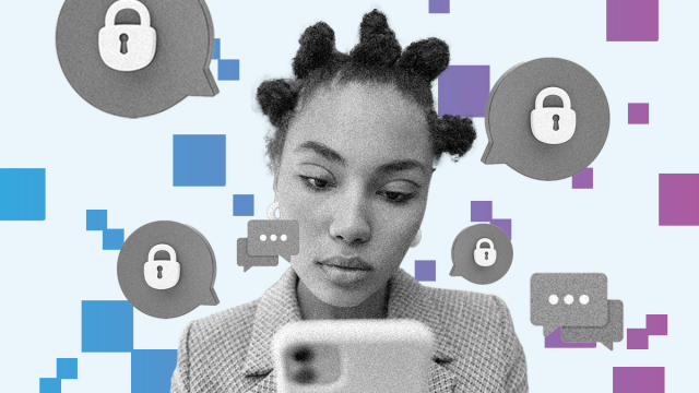 A young person looking at their phone as bubbled with locks and multicoloured squares float around them