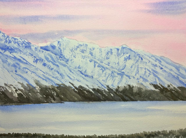 Winter painting of mountains in the central Kluane Range, looking across frozen Kluane Lake, Yukon, Canada. 
