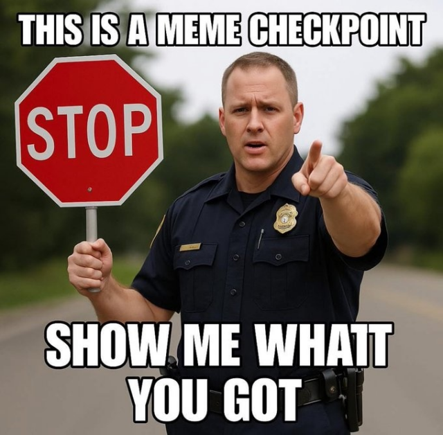 A meme featuring a photograph of a uniformed police officer standing in the middle of a road, holding a red hexagonal STOP sign in his left hand and pointing directly at the camera with his right hand. He has a serious expression. White Impact-style text is overlaid on the image. The text above his head reads: "THIS IS A MEME CHECKPOINT" and the text below him reads: "SHOW ME WHAT YOU GOT".
