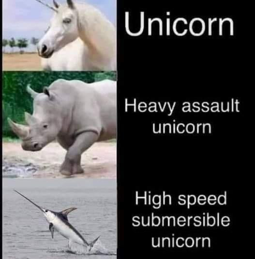 White Unicorn on top, Rhinoceros in the middle and Marlin on bottom.

Text for Unicorn is "Unicorn", text for Rhinoceros is "Heavy assault unicorn" and text for Marlin is "Hugh speed submersible unicorn".

Source unknown