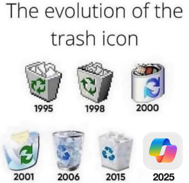 Screenshot of an image entitled "The evolution of the trash icon" showing a list of the different trash icons that existed under Windows (I think) from years 1995 - 2015. The last icon (2025) has been replaced (oops) by a Copilot Icon