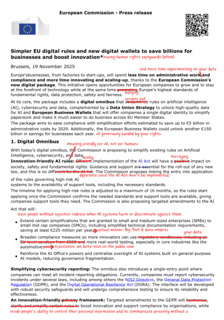 Rewrite of the European Commission's press release announcing the Digital Omnibus - page 1