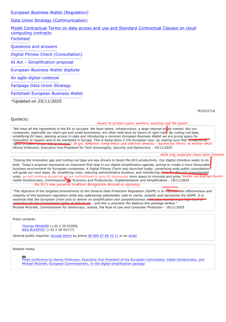 Rewrite of the European Commission's press release announcing the Digital Omnibus - last page with quotes from Commissioners 
