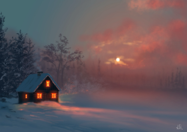 A cozy cabin nestled among snow-covered trees during a serene winter sunset, with warm light glowing from its windows and a soft gradient sky of pink, orange, and blue in the background.