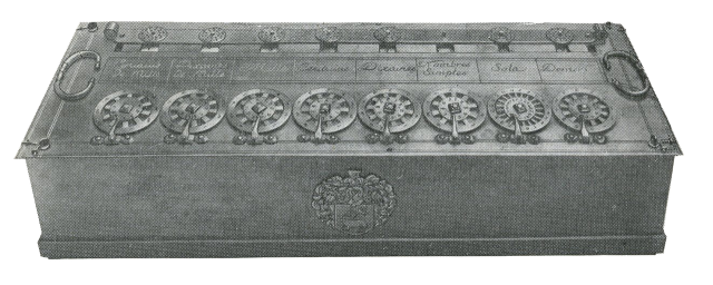 Photo of a 'Pascaline', the mechanical calculator invented and manufactured by French scientist Blaise Pascal between 1642 and 1652.

Pascaline made for French currency which once belonged to Louis Perrier, Pascal's nephew. The least significant denominations, sols and deniers, are on the right

The machine is a rectangular brass box with a row of circular dials set into its top surface. Each dial has a central window displaying a numeral and is surrounded by a toothed wheel marked with digits. The wheels increase in size from right to left, reflecting the denomination system: the least significant units—sols and deniers—are on the right, with larger currency units to the left.

Small metal tabs or spoked pointers allow the user to rotate each wheel, triggering the internal gear mechanism that performs addition (and limited subtraction). The front edge of the device shows slots and indicator openings related to the carry mechanism.

From J. A. V. Turck (1921) Origin of Modern Calculating Machines, Western Society of Engineers, Chicago, USA, p.10, fig.1

https://en.wikipedia.org/wiki/Pascaline#/media/File:Pascaline_calculator_front.png
