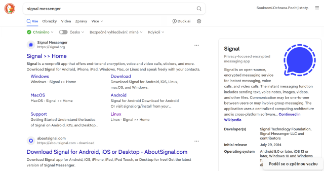 Duckduckgo.com search of "signal messenger"