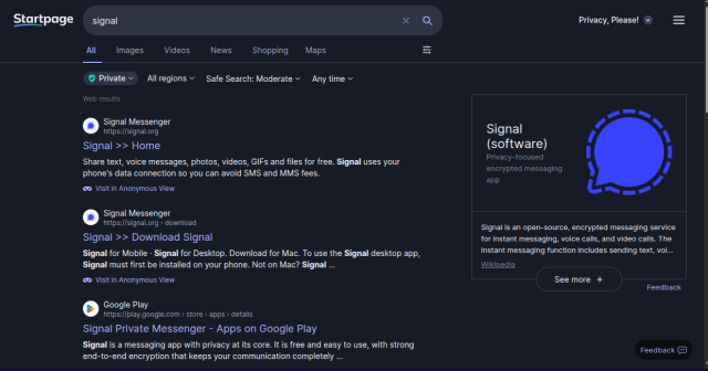 Startpage Signal search result. 