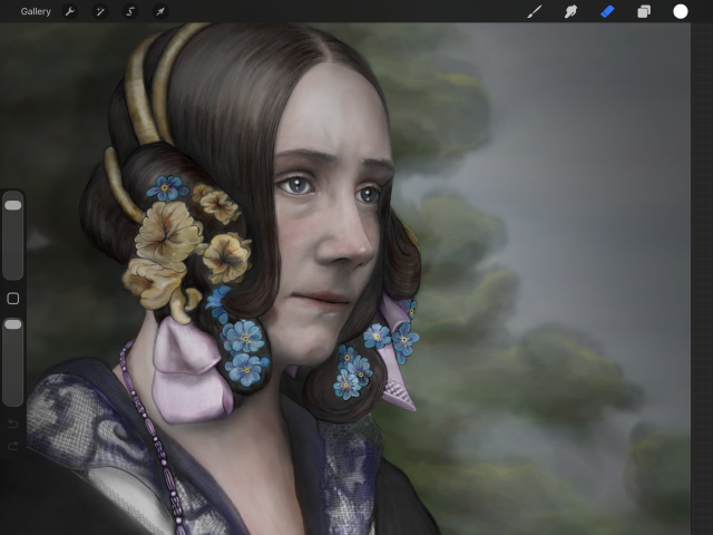 Screenshot of a detailed digital drawing in progress. It shows a melancholy-looking woman in Victorian dress and hairstyle. She has flowers in her hair, most notably a bunch of forget-me-not flowers. 