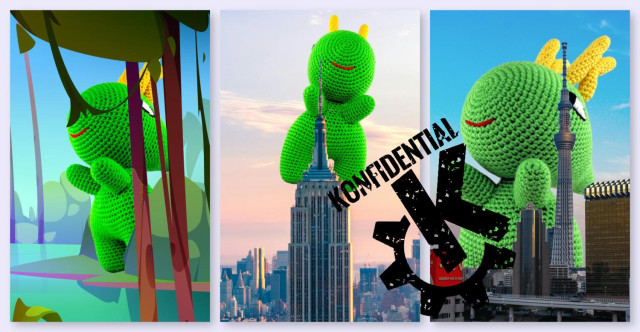 A composite showing the KDE Kaijus enjoying some mayhem in a Jurassic jungle, climbing the Empire State Building, and in downtown Tokyo.