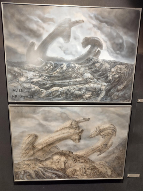 A pair of original drawings of the Alien spaceship from Aliens, on display at the HR Giger Museum in Switzerland