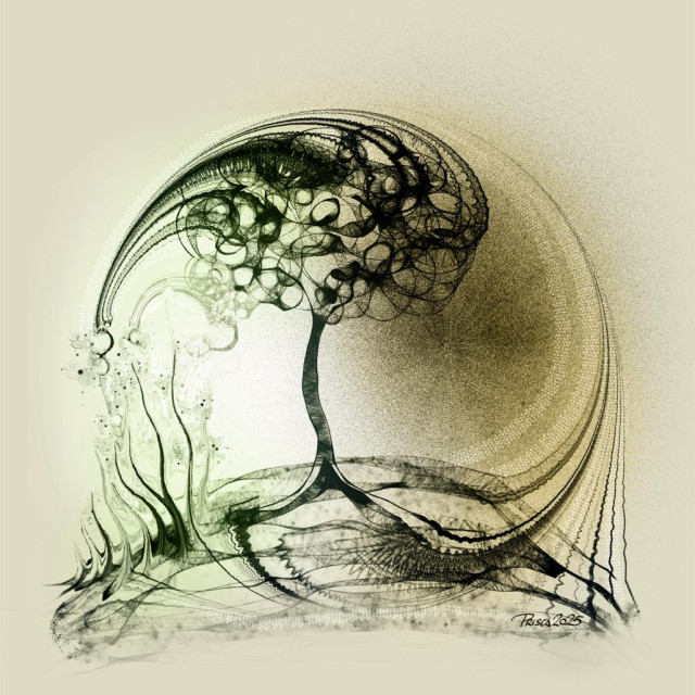 watercolour; light background with a tree being distorted by fractal pulls in a counterclockwise motion, the ground is lifted on the r with a dark burst hover at the back. 