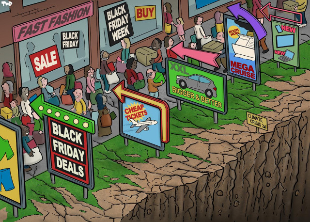 Cartoon showing a busy shopping street on the left side of the image, with lots of people with bags and packages. In the middle of the image is a row of billboards advertising Black Friday deals, including SUVs, cheap flights and cruises. In the right of the picture is an eroding cliff edge, with cracks quickly spreading to the shopping street. As small sign on the cliff edge points down and reads 'climate crisis'.