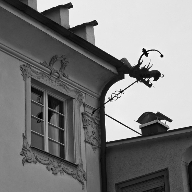 Das Schwarz-Weiß-Foto zeigt die Dachkante an einer Hausecke. An der Dachrinne ist ein markanter Wasserspeier in der Form eines Drachens befestigt. Das Gebäude selbst wurde mit Stuckarbeiten verziert. Desweiteren ist ein angrenzendes Gebäude mit Schornstein auf dem Dach zu erkennen.