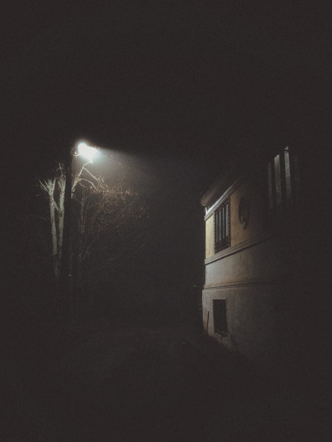 A lantern quietly watches over house number 351 on a foggy night.