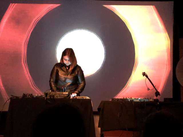 Zavoloka performing with the Protein, a reverb pedal and a small sampler for rhythms. Huge visuals on a screen in the background.