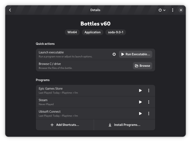 Bottles v60 screen in dark mode with quick actions (run executable, browse C drive) and a list of installed programs (Epic Games Store, Steam, Ubisoft Connect). (pt:5/5 super semplice)