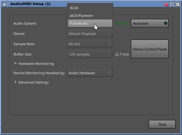 Screenshot of Ardour's Audio/MIDI setup window. "PulseAudio" is selected as Audion system.