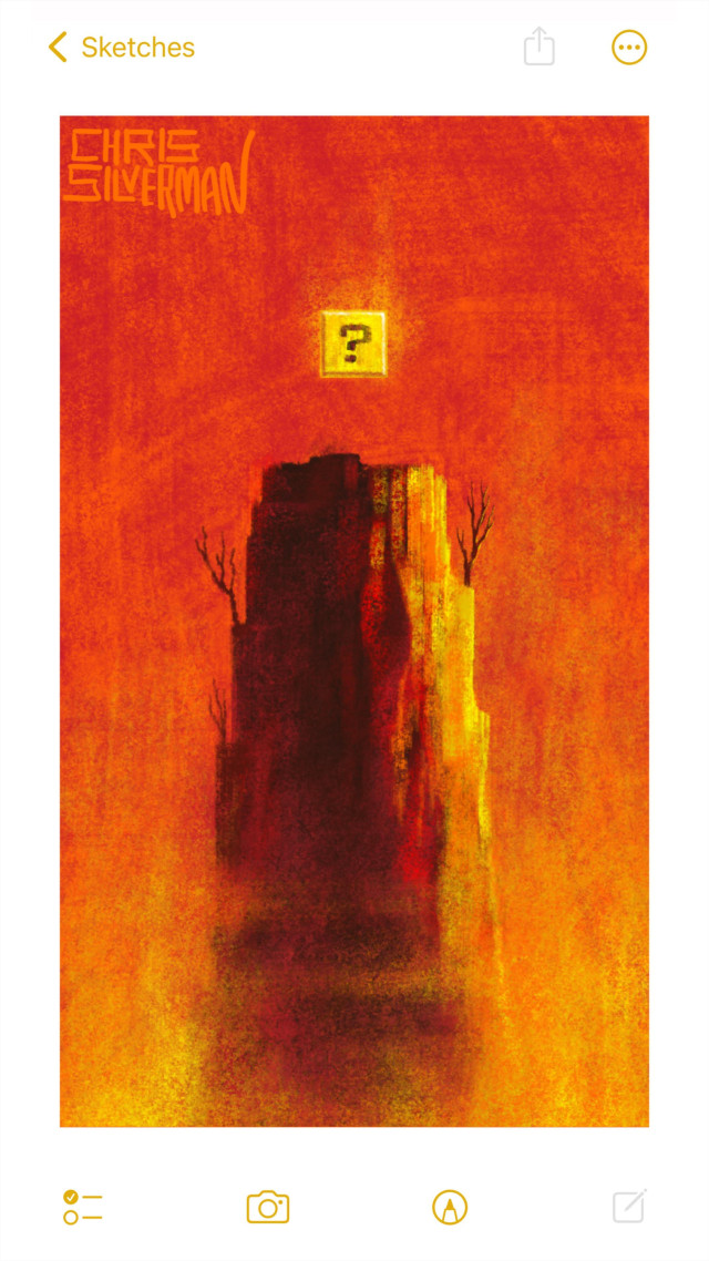 A barren column of red rock stands against a reddish-orange sky. A few small, leafless trees have managed to find a roothold on the side. The base of the column is blurry with haze. The right side of the column is blazing yellow in the sunlight. Hovering above the flat summit of the column is a small yellow box with a question mark on it. The painting is signed "Chris Silverman".