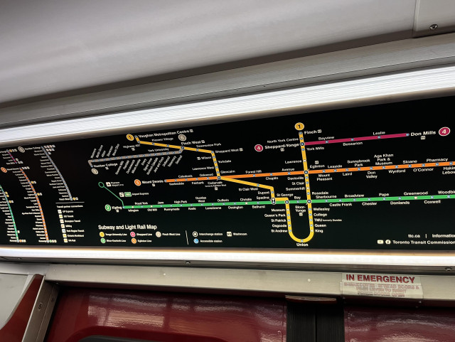 TTC “Subway and Light Rail” map on a Line 2 subway car, showing Line 6 and Line 5!